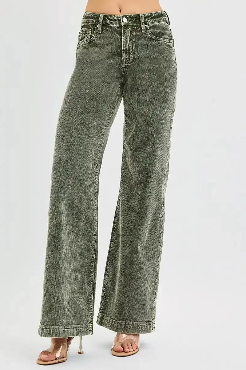 Risen Lilly High Rise Wide Leg Forest Corduroy Pants - Sleekdenim.com