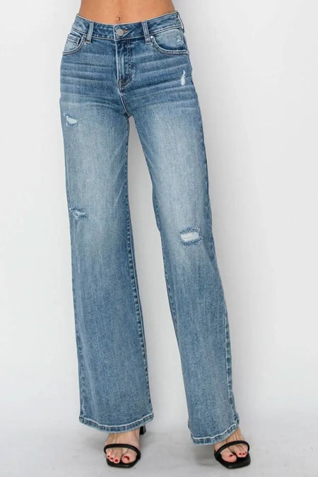 RISEN Full Size High Waist Distressed Wide Leg Jeans - Sleekdenim.com