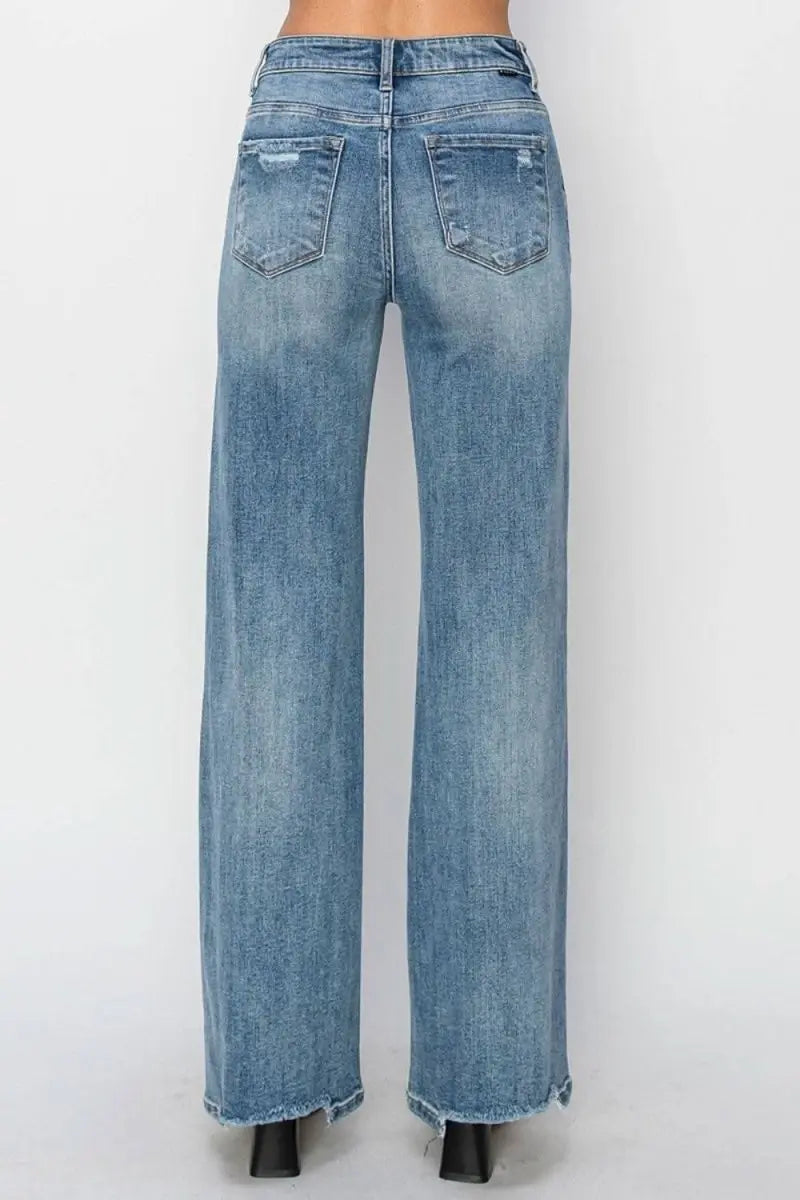 RISEN Full Size High Waist Distressed Wide Leg Jeans - Sleekdenim.com