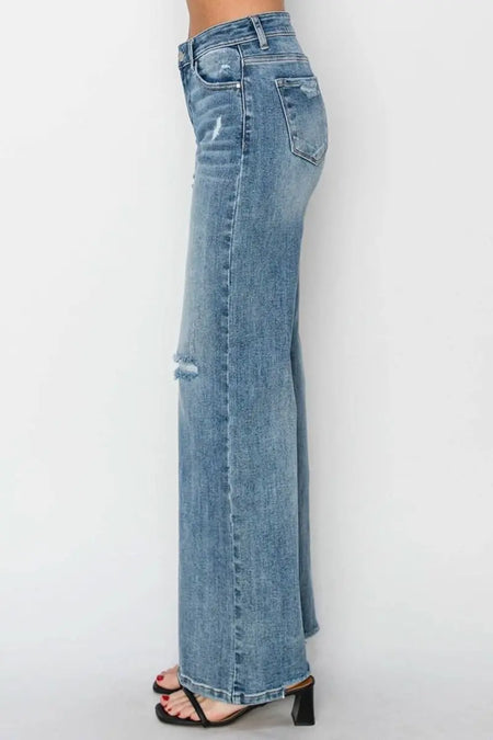 RISEN Full Size High Waist Distressed Wide Leg Jeans - Sleekdenim.com