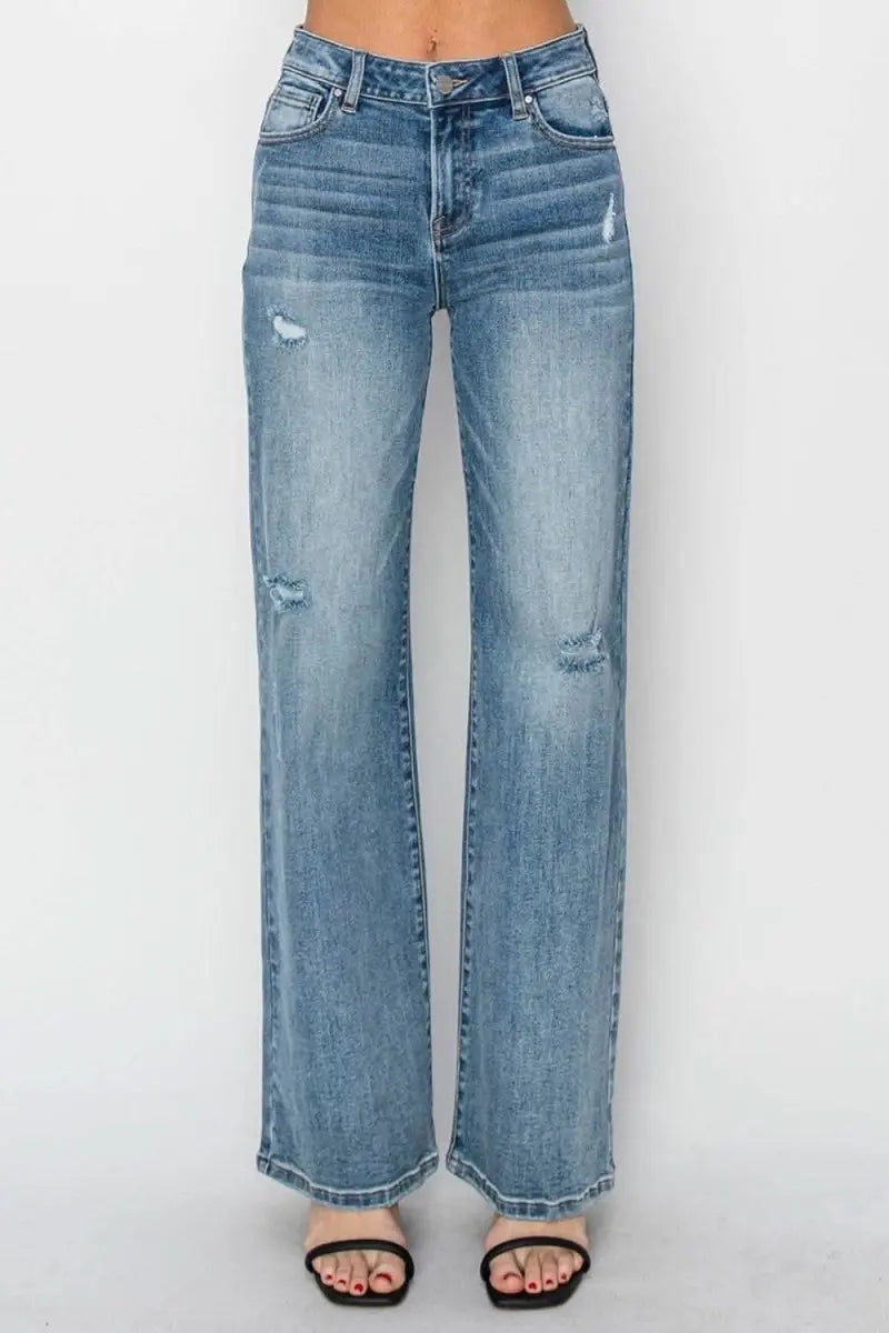 RISEN Full Size High Waist Distressed Wide Leg Jeans - Sleekdenim.com