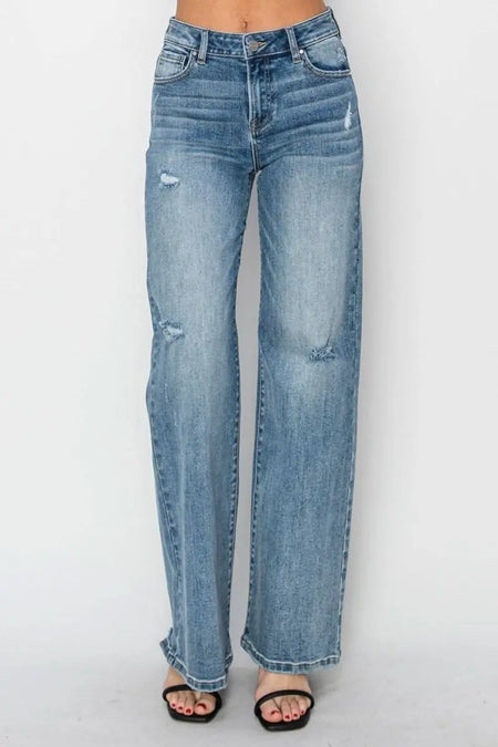 RISEN Full Size High Waist Distressed Wide Leg Jeans - Sleekdenim.com