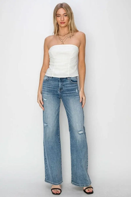 RISEN Full Size High Waist Distressed Wide Leg Jeans - Sleekdenim.com