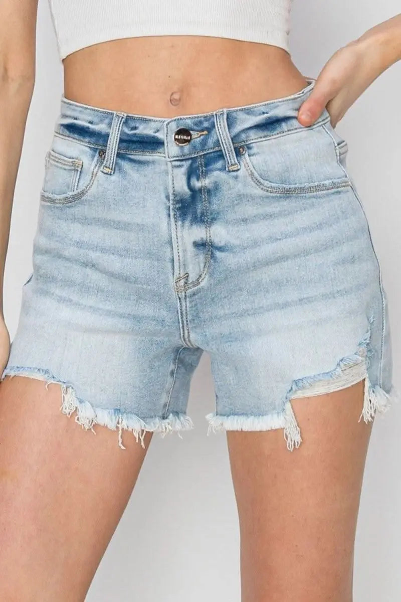 RISEN Full Size High Waist Frayed Detail Denim Shorts - Sleekdenim.com