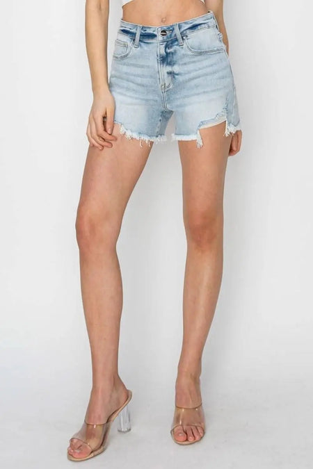 RISEN Full Size High Waist Frayed Detail Denim Shorts - Sleekdenim.com