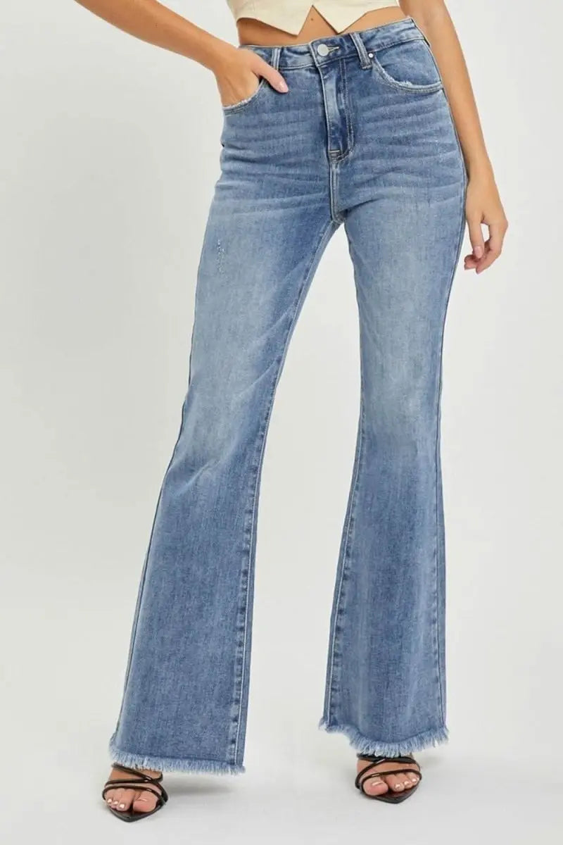 RISEN Full Size High Waist Raw Hem Flare Jeans - Sleekdenim.com