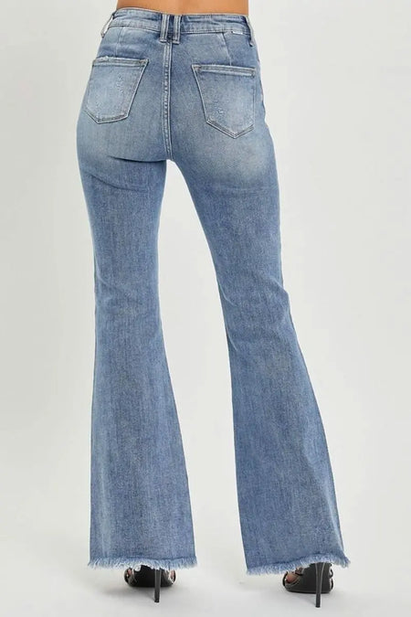 RISEN Full Size High Waist Raw Hem Flare Jeans - Sleekdenim.com