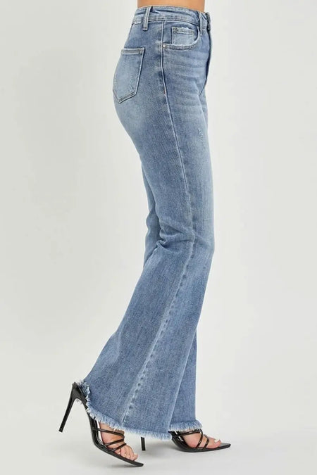 RISEN Full Size High Waist Raw Hem Flare Jeans - Sleekdenim.com