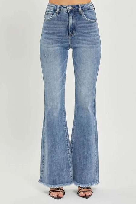 RISEN Full Size High Waist Raw Hem Flare Jeans - Sleekdenim.com