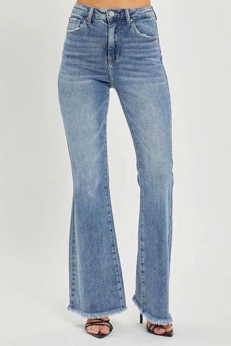 RISEN Full Size High Waist Raw Hem Flare Jeans - Sleekdenim.com