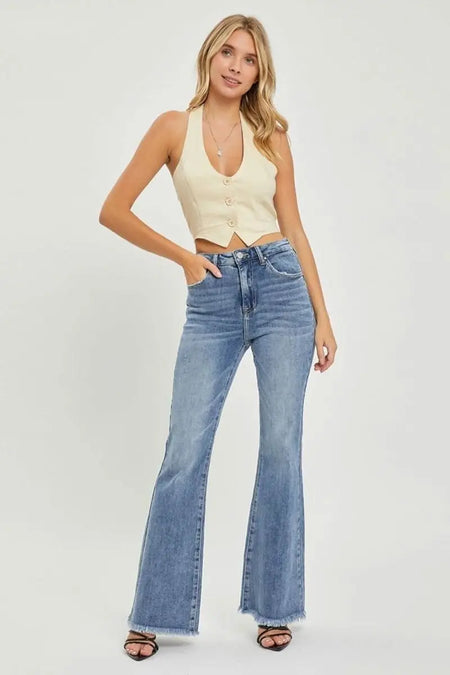 RISEN Full Size High Waist Raw Hem Flare Jeans - Sleekdenim.com