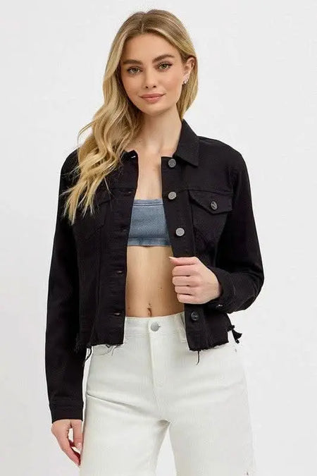 RISEN Full Size Irregular Fray Hem Button Up Denim Jacket Plus Size - Sleekdenim.com