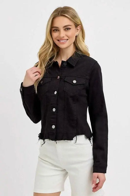 RISEN Full Size Irregular Fray Hem Button Up Denim Jacket Plus Size - Sleekdenim.com