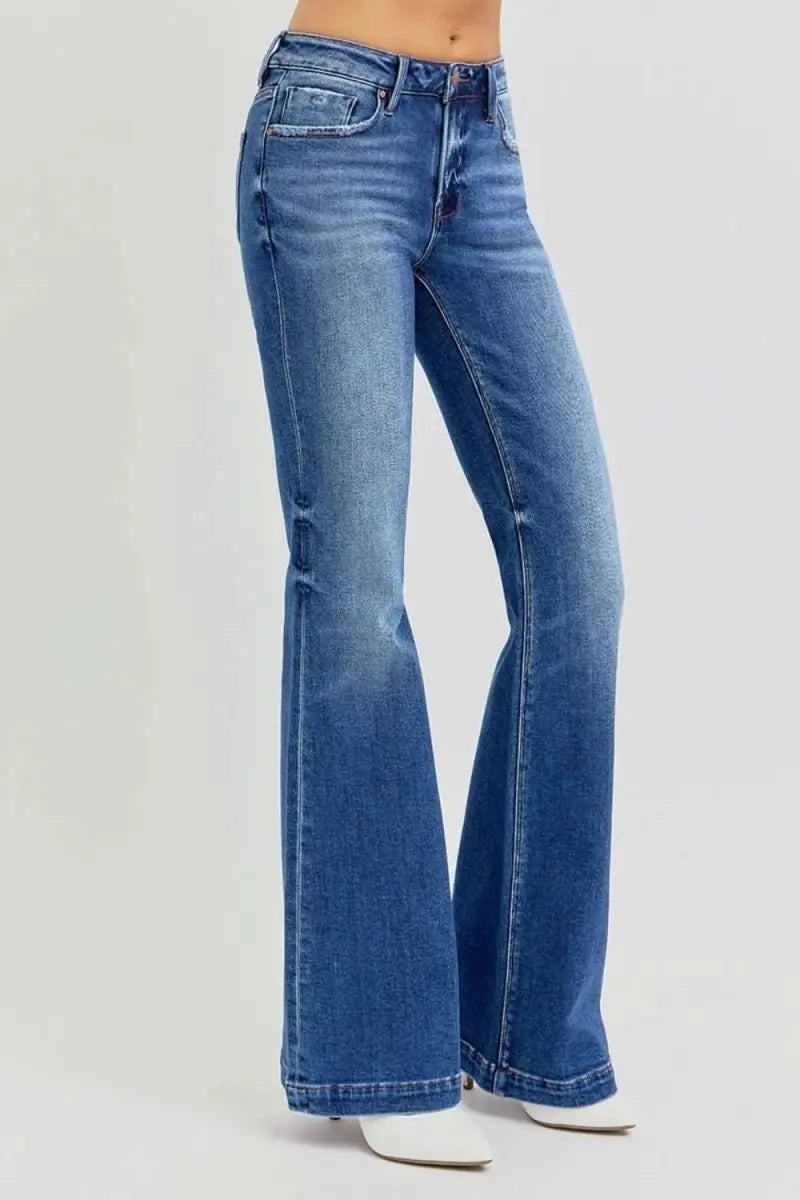 RISEN Full Size Low Rise Flare Jeans with Pockets - Sleekdenim.com