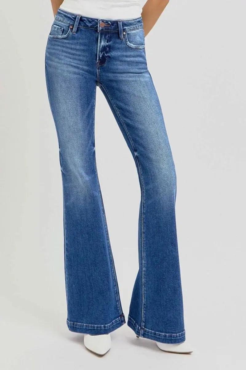 RISEN Full Size Low Rise Flare Jeans with Pockets - Sleekdenim.com