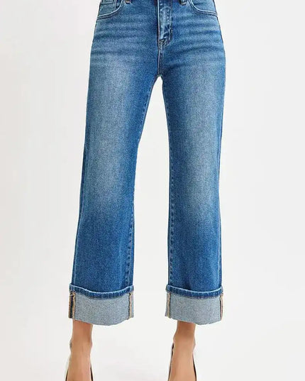 RISEN Full Size Mid Rise Crop Straight Cuffed Jeans Plus Size - Sleekdenim.com