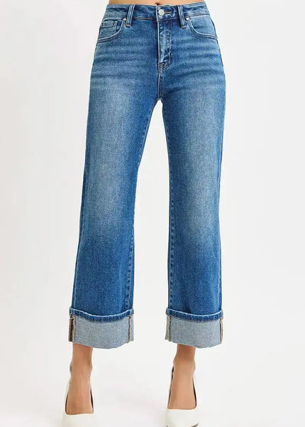 RISEN Full Size Mid Rise Crop Straight Cuffed Jeans Plus Size - Sleekdenim.com
