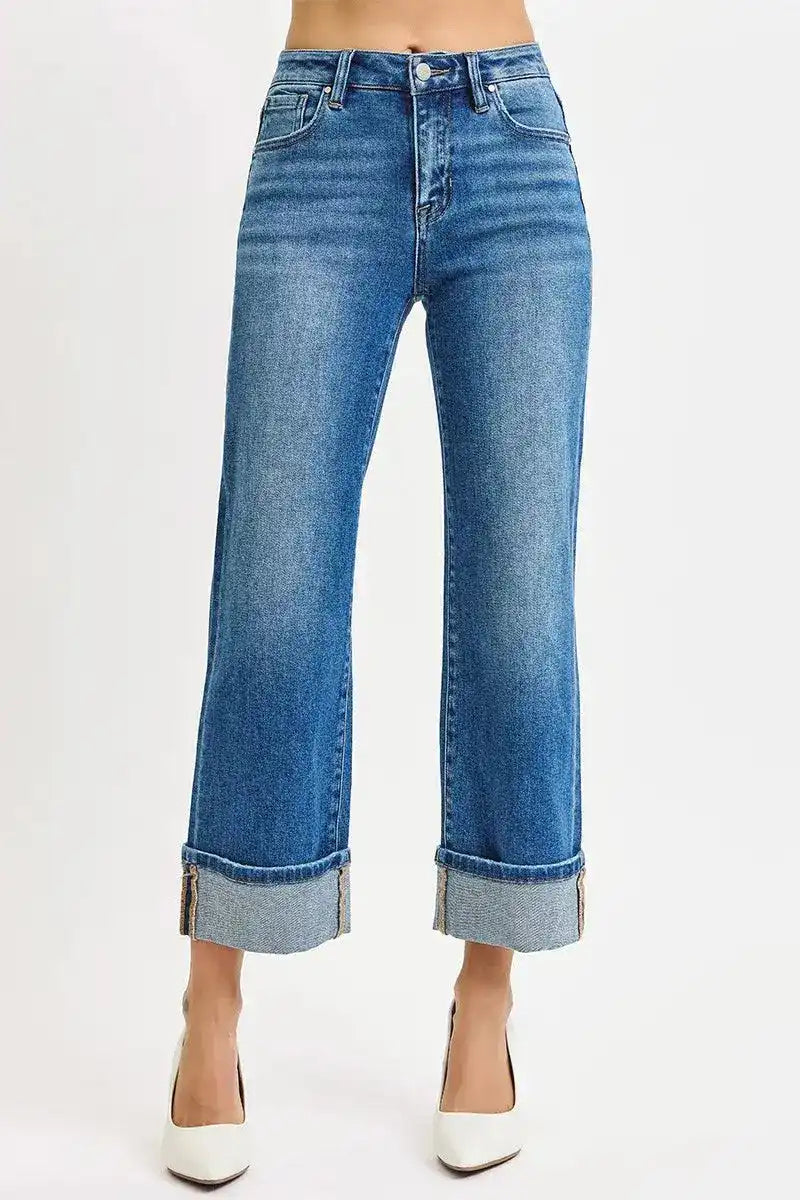 RISEN Full Size Mid Rise Crop Straight Cuffed Jeans Plus Size - Sleekdenim.com