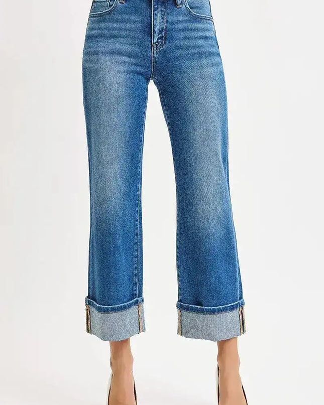 RISEN Full Size Mid Rise Crop Straight Cuffed Jeans Plus Size - Sleekdenim.com
