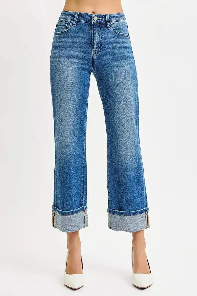 RISEN Mid Rise Cropped Straight Leg Cuffed Jeans PWA21209 - Sleekdenim.com