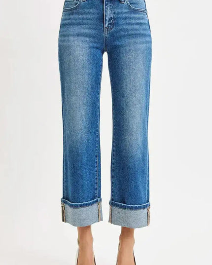 RISEN Full Size Mid Rise Crop Straight Cuffed Jeans Plus Size - Sleekdenim.com