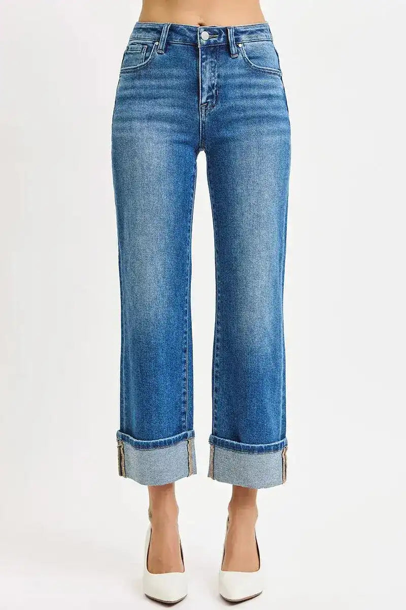 RISEN Mid Rise Cropped Straight Leg Cuffed Jeans PWA21209 - Sleekdenim.com