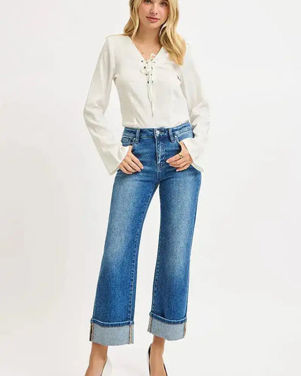 RISEN Full Size Mid Rise Crop Straight Cuffed Jeans Plus Size - Sleekdenim.com