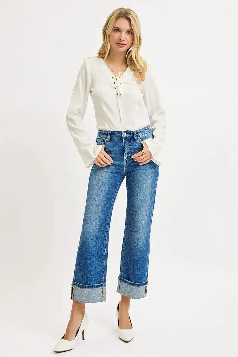 RISEN Full Size Mid Rise Crop Straight Cuffed Jeans Plus Size - Sleekdenim.com