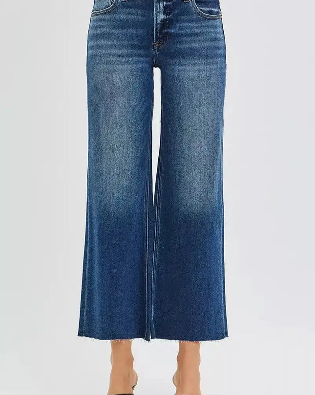 RISEN Full Size Mid Rise Crop Wide Raw Cut Hem Jeans Plus Size - Sleekdenim.com