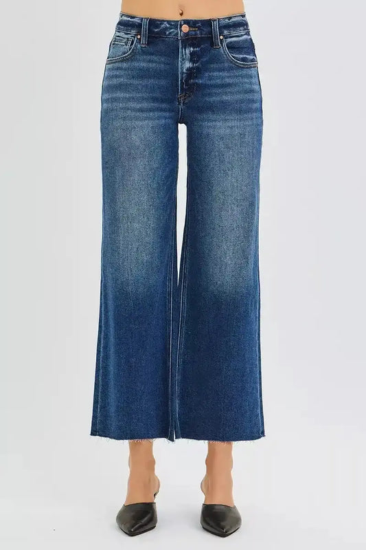 RISEN Full Size Mid Rise Crop Wide Raw Cut Hem Jeans Plus Size - Sleekdenim.com