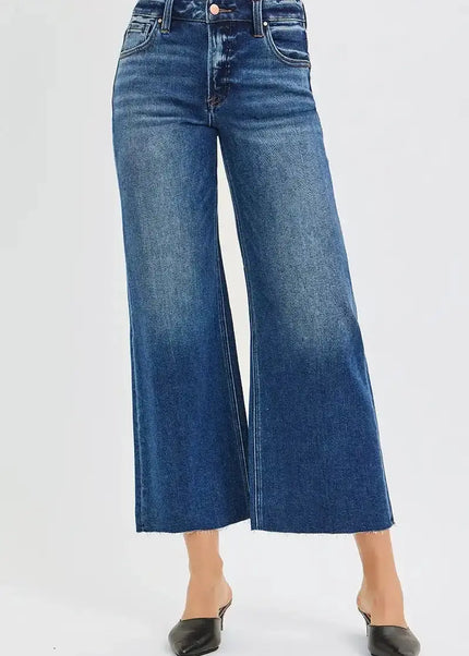 RISEN Full Size Mid Rise Crop Wide Raw Cut Hem Jeans Plus Size - Sleekdenim.com
