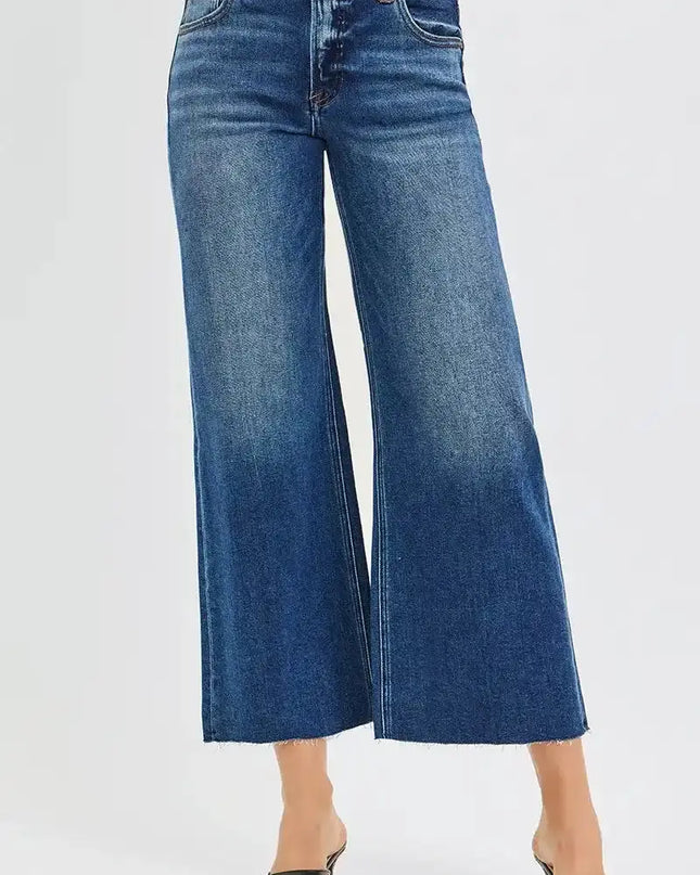 RISEN Full Size Mid Rise Crop Wide Raw Cut Hem Jeans Plus Size - Sleekdenim.com
