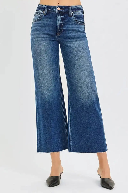 RISEN Full Size Mid Rise Crop Wide Raw Cut Hem Jeans Plus Size - Sleekdenim.com
