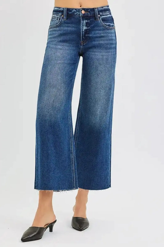RISEN Full Size Mid Rise Crop Wide Raw Cut Hem Jeans Plus Size - Sleekdenim.com