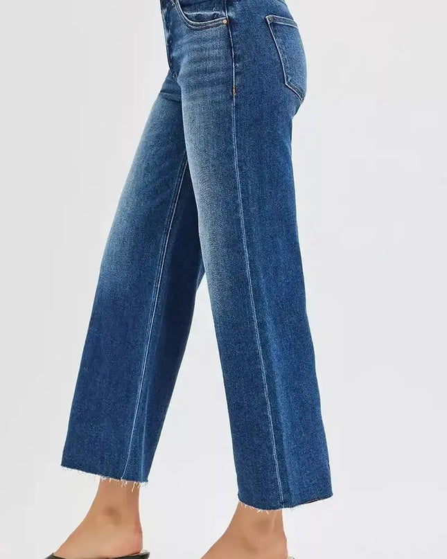 RISEN Full Size Mid Rise Crop Wide Raw Cut Hem Jeans Plus Size - Sleekdenim.com