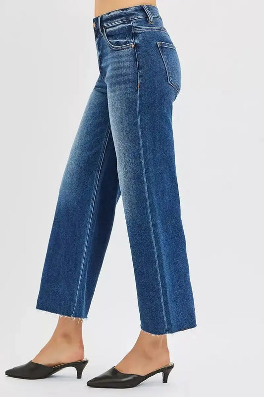 RISEN Full Size Mid Rise Crop Wide Raw Cut Hem Jeans Plus Size - Sleekdenim.com