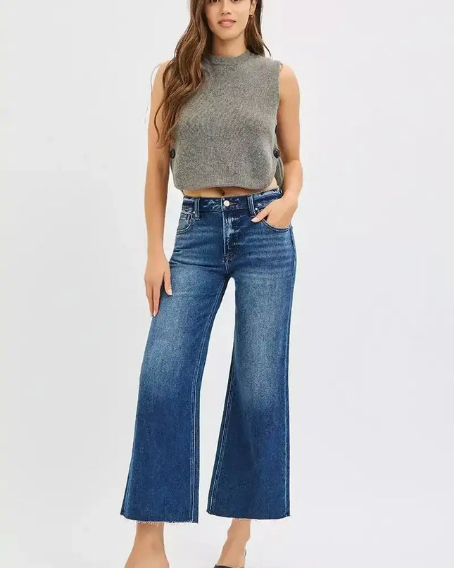 RISEN Full Size Mid Rise Crop Wide Raw Cut Hem Jeans Plus Size - Sleekdenim.com