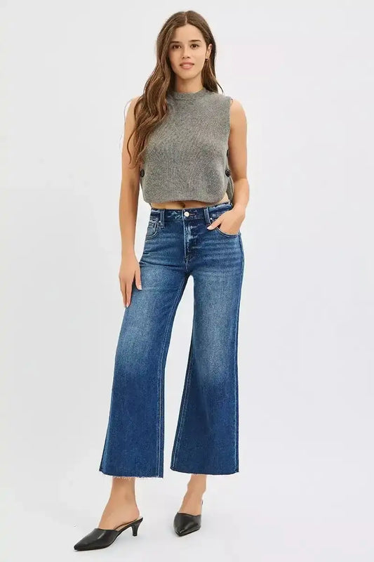 RISEN Full Size Mid Rise Crop Wide Raw Cut Hem Jeans Plus Size - Sleekdenim.com
