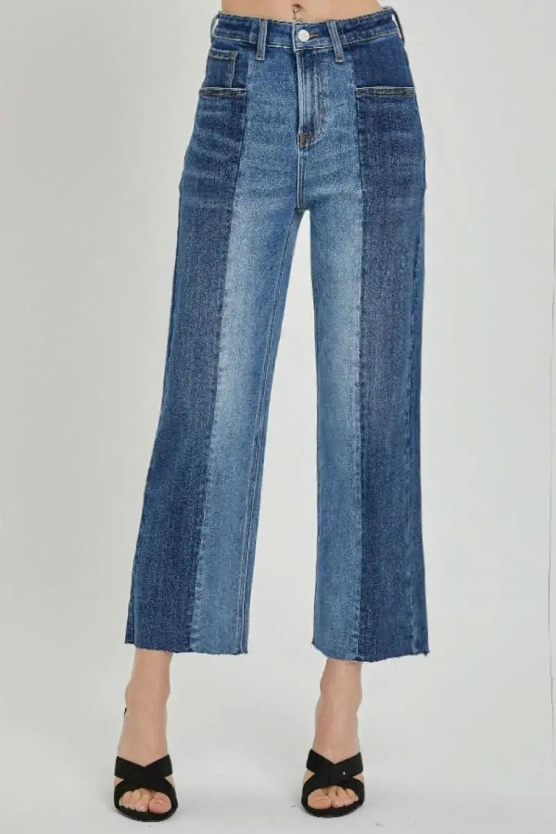 RISEN Full Size Mid - Rise Waist Two - Tones Jeans with Pockets - Sleekdenim.com