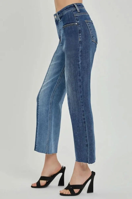 RISEN Full Size Mid - Rise Waist Two - Tones Jeans with Pockets - Sleekdenim.com