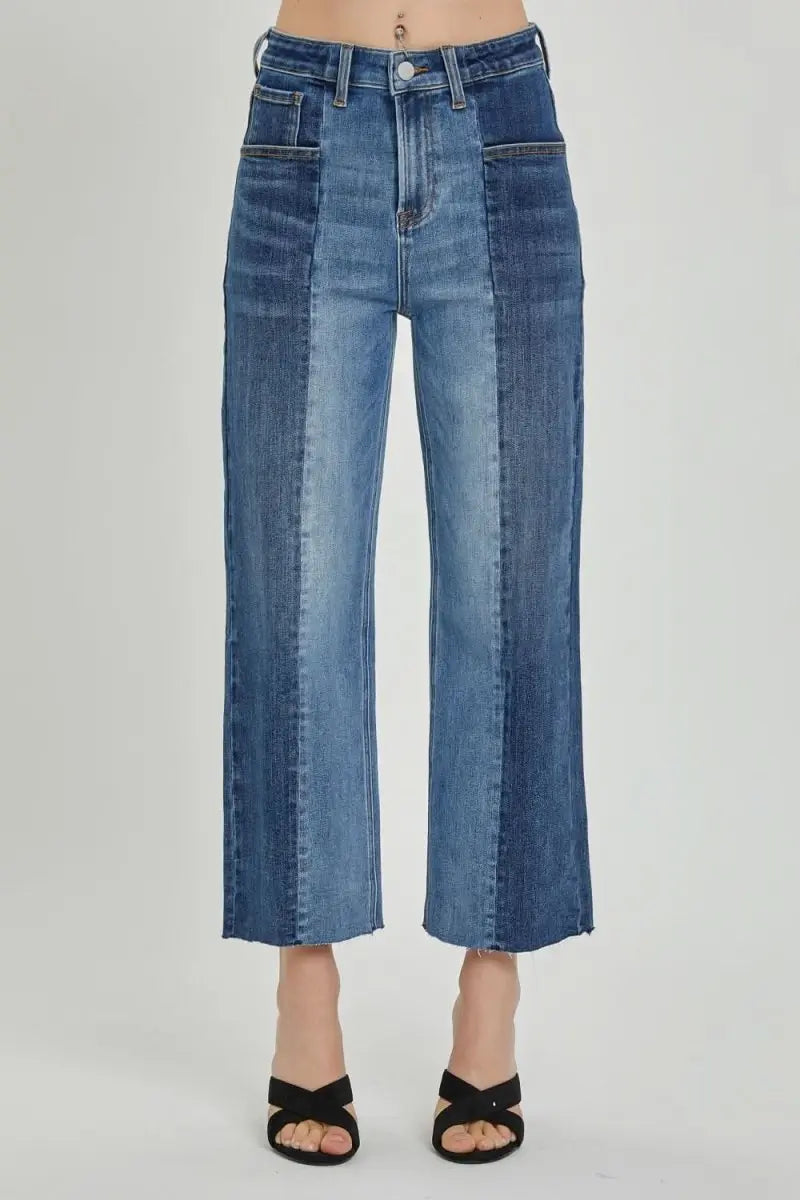 RISEN Full Size Mid - Rise Waist Two - Tones Jeans with Pockets - Sleekdenim.com