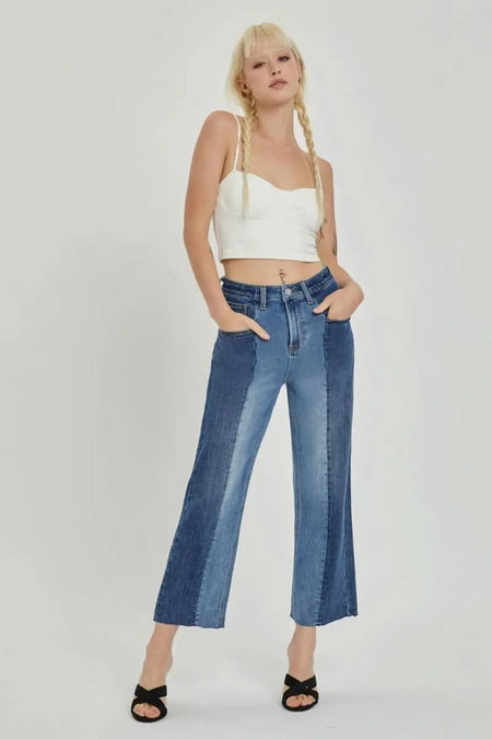 RISEN Full Size Mid - Rise Waist Two - Tones Jeans with Pockets - Sleekdenim.com