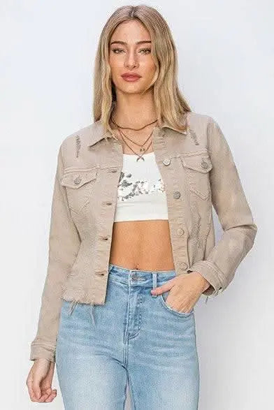 RISEN Full Size Raw Hem Button Up Cropped Denim Jacket Plus Size - Sleekdenim.com