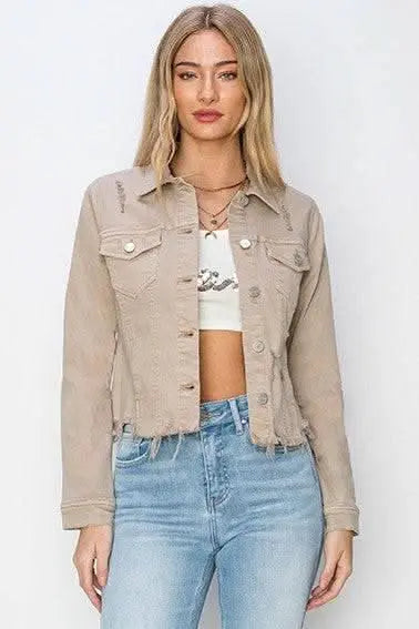 RISEN Full Size Raw Hem Button Up Cropped Denim Jacket Plus Size - Sleekdenim.com