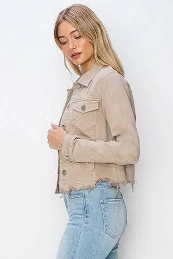 RISEN Full Size Raw Hem Button Up Cropped Denim Jacket Plus Size - Sleekdenim.com