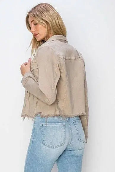 RISEN Full Size Raw Hem Button Up Cropped Denim Jacket Plus Size - Sleekdenim.com