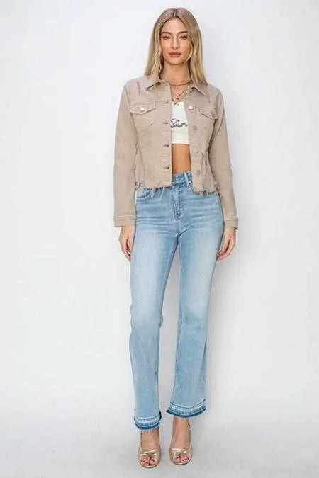 RISEN Full Size Raw Hem Button Up Cropped Denim Jacket Plus Size - Sleekdenim.com