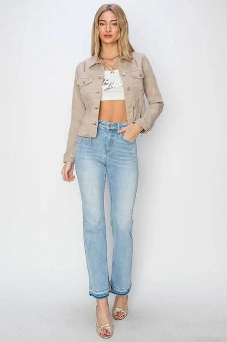 RISEN Full Size Raw Hem Button Up Cropped Denim Jacket Plus Size - Sleekdenim.com