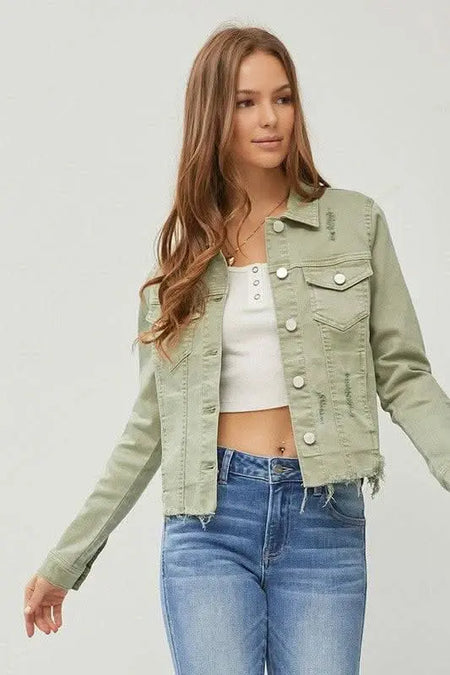 RISEN Full Size Raw Hem Button Up Cropped Denim Jacket Plus Size - Sleekdenim.com