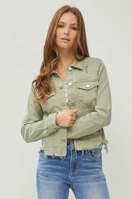 RISEN Full Size Raw Hem Button Up Cropped Denim Jacket Plus Size - Sleekdenim.com